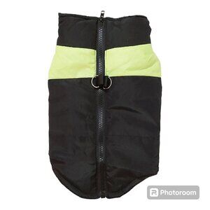 Black Dog Winter Coat with Fluorescent Green Stripe - Zipper Closure, Size Large